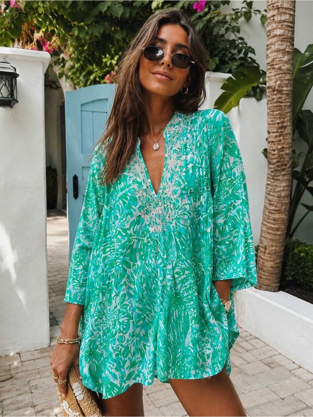 Lilly Pulitzer Y2K Beaded Cotton Tunic Cover-Up Palm Beach Coastal Resort Top M